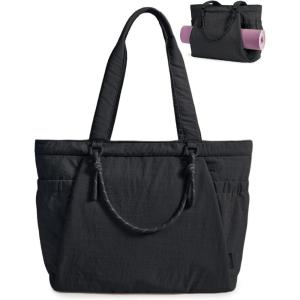 BAGSMART Yoga Tote Bag for Women with Knotted Handle, Lightweight Pilates Bag with Yoga Mat Holder, Gym Bag for Work Travel | for 15.6” Laptop, for 40oz Tumbler, Waterproof & Durable, Yoga Mat Bag Carrier, 23L Handbag, Shoulder Sling Bag(Black)
