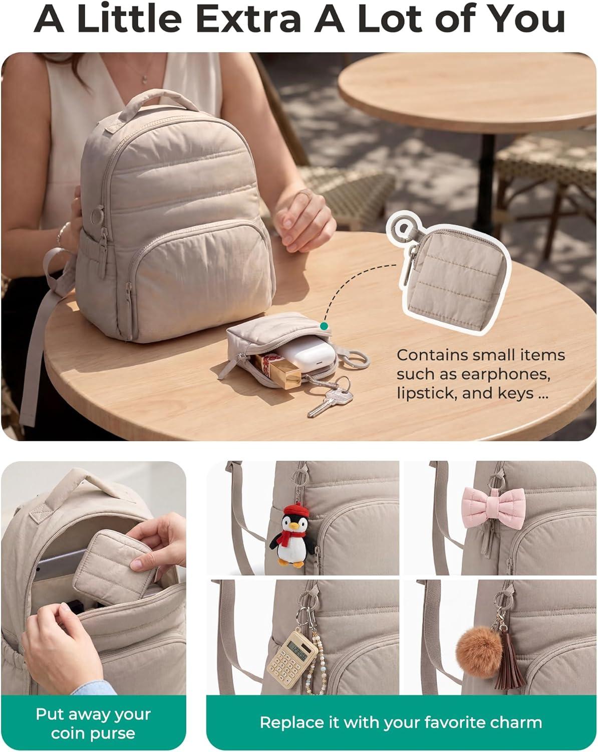 imageBAGSMART Small Backpacks for Women Lightweight Puffer Mini Backpack Purse with Pouch Quilted Casual Daypack WaterResistant Bookbag for Daily Travel College 2in1 Set Latte BrownLatte Brown