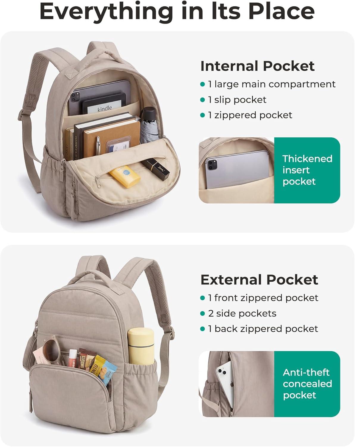 imageBAGSMART Small Backpacks for Women Lightweight Puffer Mini Backpack Purse with Pouch Quilted Casual Daypack WaterResistant Bookbag for Daily Travel College 2in1 Set Latte BrownLatte Brown