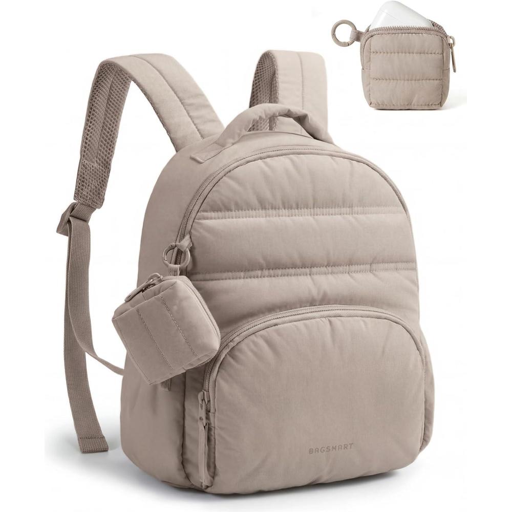 imageBAGSMART Small Backpacks for Women Lightweight Puffer Mini Backpack Purse with Pouch Quilted Casual Daypack WaterResistant Bookbag for Daily Travel College 2in1 Set Latte BrownLatte Brown