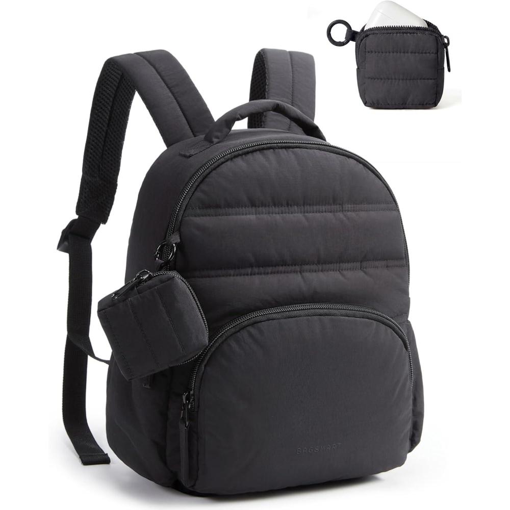 imageBAGSMART Small Backpacks for Women Lightweight Puffer Mini Backpack Purse with Pouch Quilted Casual Daypack WaterResistant Bookbag for Daily Travel College 2in1 Set Latte BrownJet Black