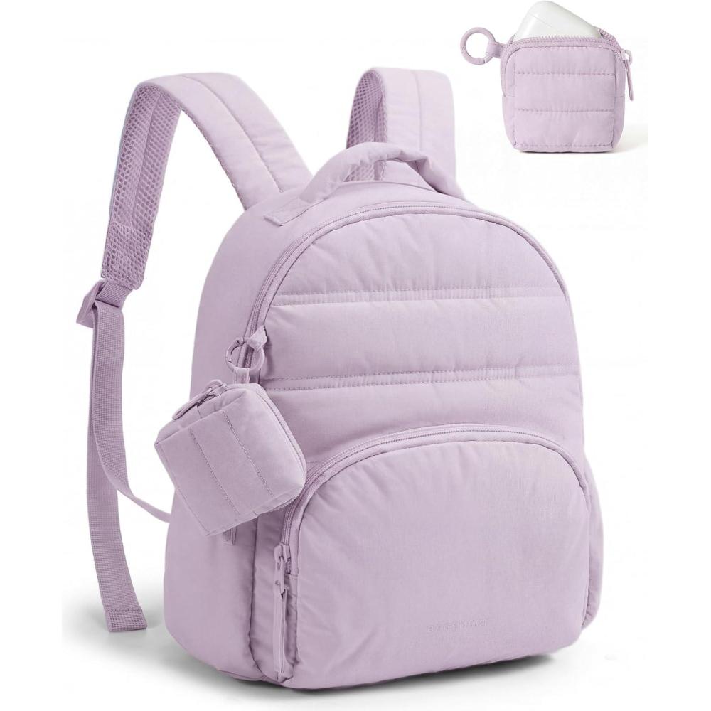 imageBAGSMART Small Backpacks for Women Lightweight Puffer Mini Backpack Purse with Pouch Quilted Casual Daypack WaterResistant Bookbag for Daily Travel College 2in1 Set Latte BrownLavender Purple
