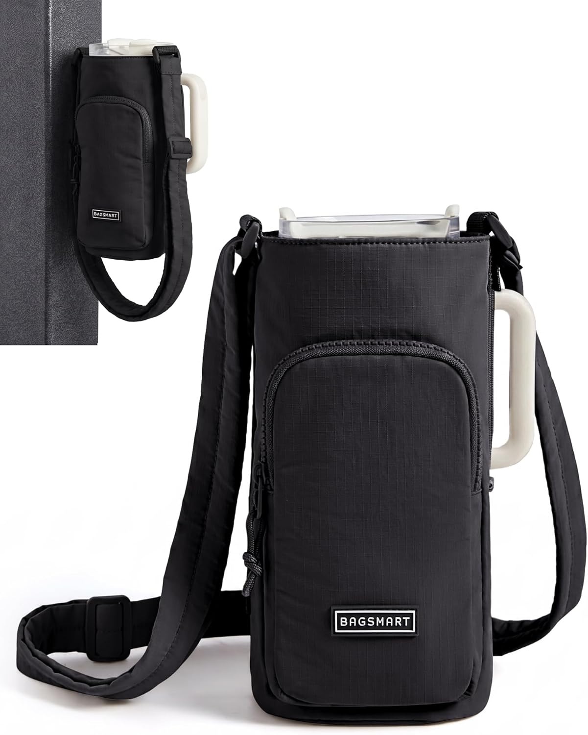 imageBAGSMART 40oz Magnetic Water Bottle Holder with Strap Drink Carrier Bag Crossbody Gym Bag Gym Accessories for WomenMenBlack