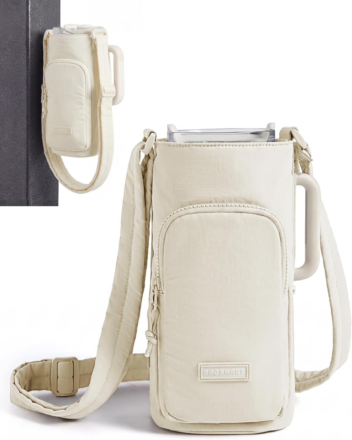 imageBAGSMART 40oz Magnetic Water Bottle Holder with Strap Drink Carrier Bag Crossbody Gym Bag Gym Accessories for WomenMenIvory
