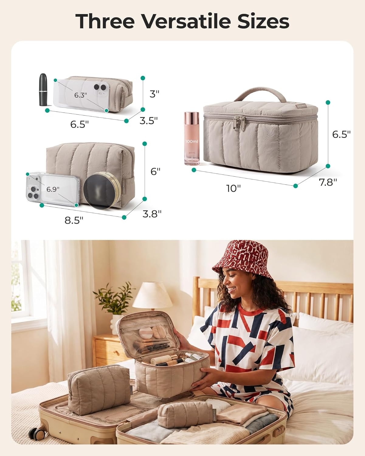 imageBAGSMART Travel Makeup Bag for Women 3 Pcs Puffy Padded Cosmetic Organizer Bag Large Toiletry Case and Small Purse Pouch for Gym Work Girls Baby Blue06Khaki Stripe
