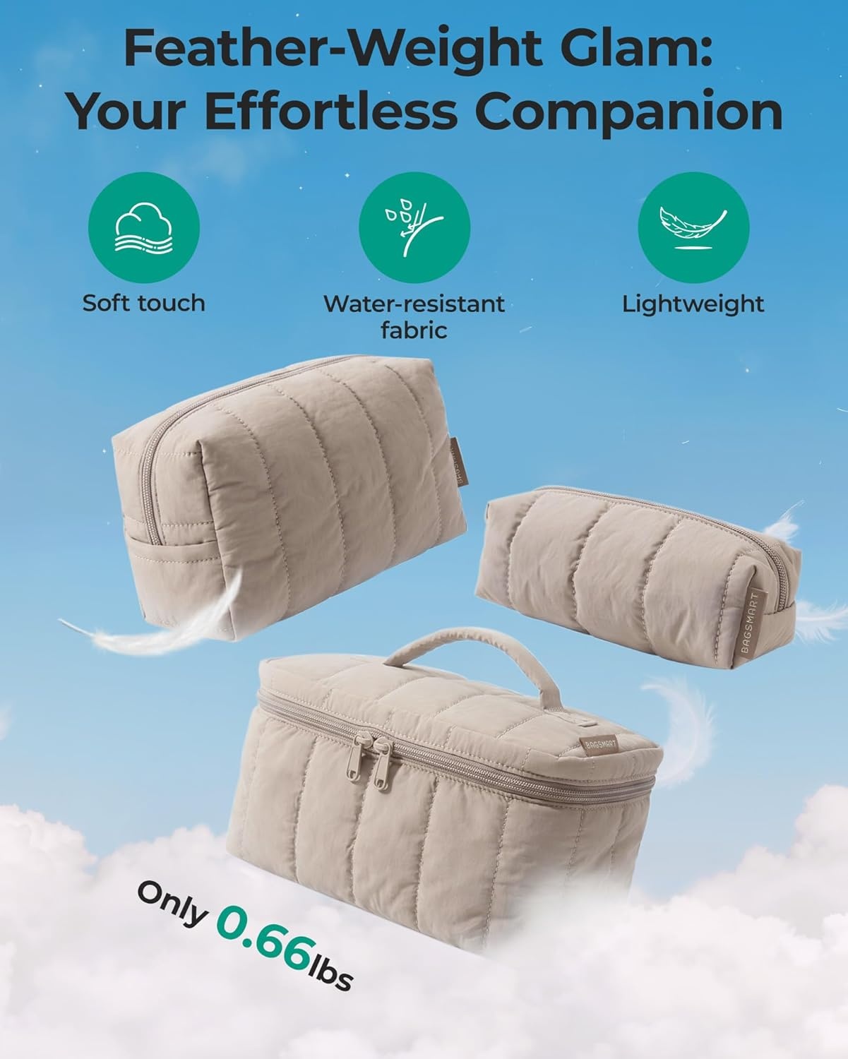 imageBAGSMART Travel Makeup Bag for Women 3 Pcs Puffy Padded Cosmetic Organizer Bag Large Toiletry Case and Small Purse Pouch for Gym Work Girls Baby Blue01Classic