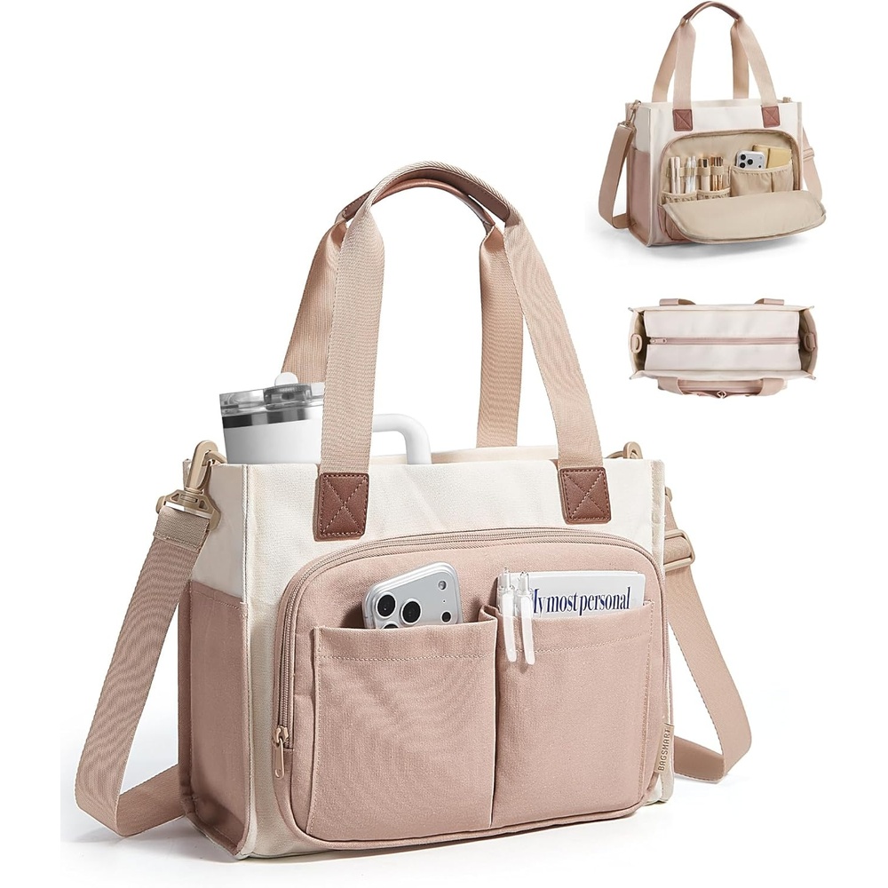 imageBAGSMART Canvas Tote Bag for Women Work Tote Bag with Zipper Crossbody Handbag for Travel Teacher NurseCamel