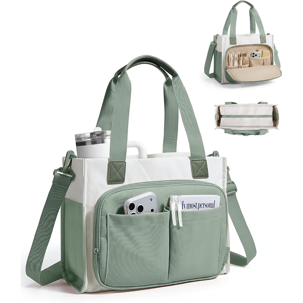imageBAGSMART Canvas Tote Bag for Women Work Tote Bag with Zipper Crossbody Handbag for Travel Teacher NurseGreen