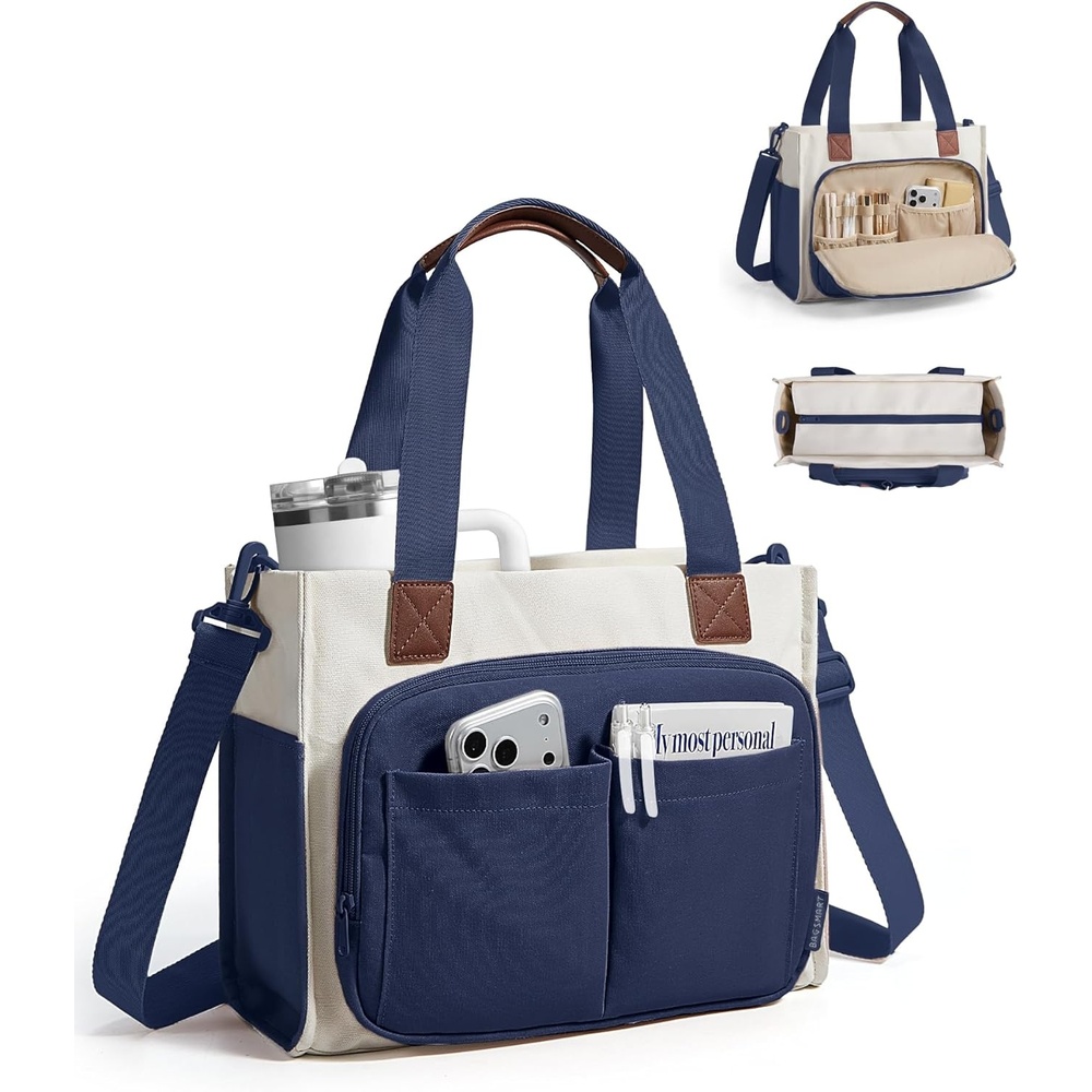 imageBAGSMART Canvas Tote Bag for Women Work Tote Bag with Zipper Crossbody Handbag for Travel Teacher NurseNavy