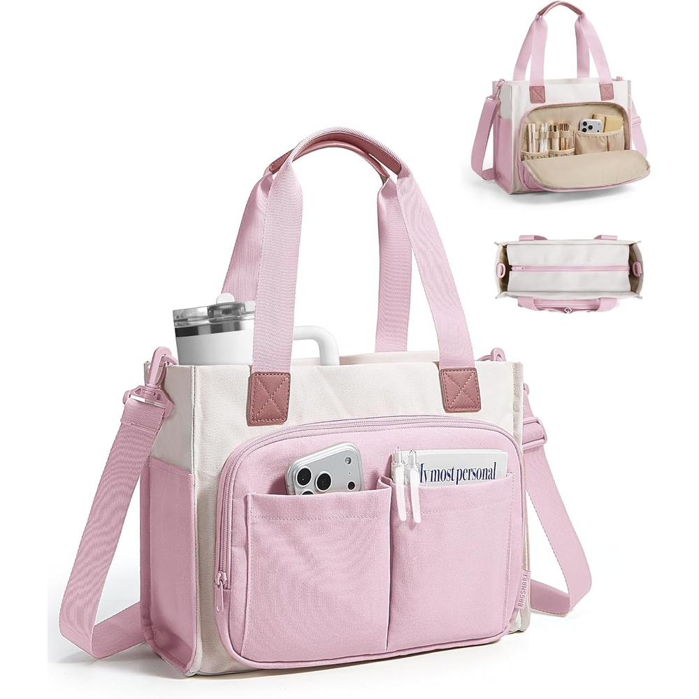 imageBAGSMART Canvas Tote Bag for Women Work Tote Bag with Zipper Crossbody Handbag for Travel Teacher NursePink