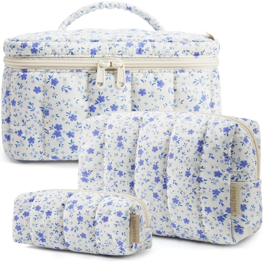 imageBAGSMART Travel Makeup Bag for Women 3 Pcs Puffy Padded Cosmetic Organizer Bag Large Toiletry Case and Small Purse Pouch for Gym Work Girls Baby Blue06Blue Ditsy Floral