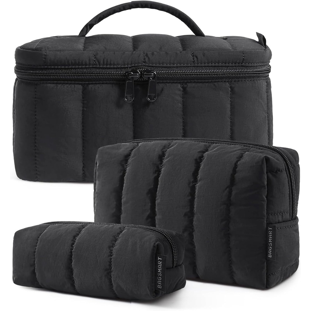 imageBAGSMART Travel Makeup Bag for Women 3 Pcs Puffy Padded Cosmetic Organizer Bag Large Toiletry Case and Small Purse Pouch for Gym Work Girls Baby Blue01Classic