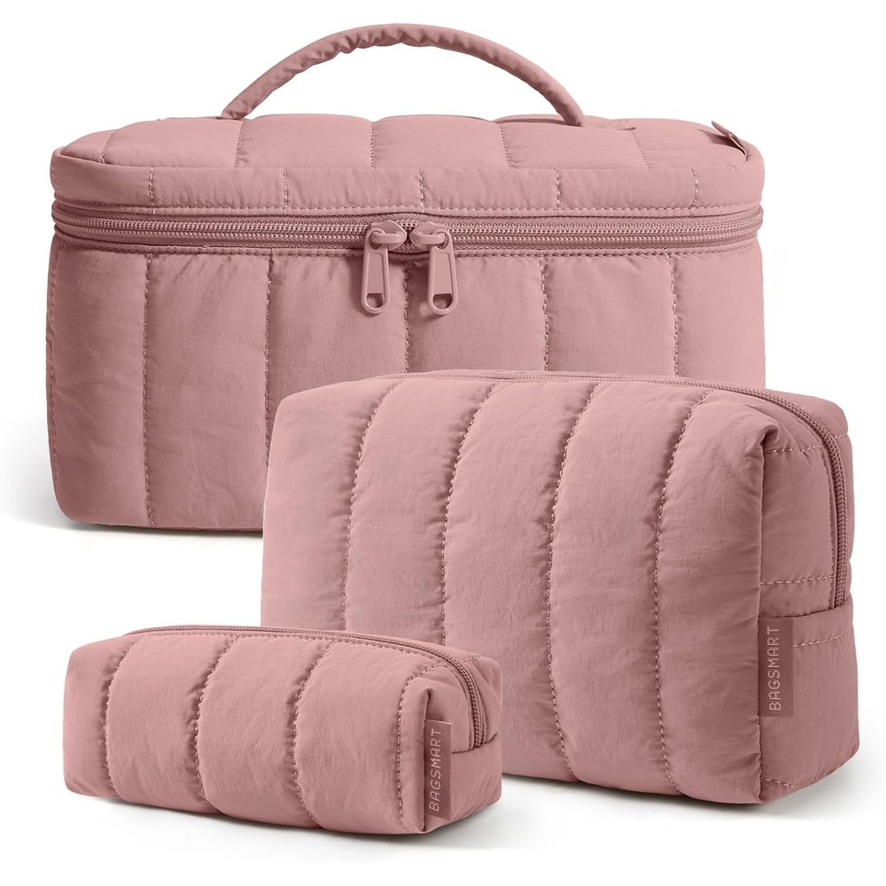 imageBAGSMART Travel Makeup Bag for Women 3 Pcs Puffy Padded Cosmetic Organizer Bag Large Toiletry Case and Small Purse Pouch for Gym Work Girls Baby Blue05Dusty Rose