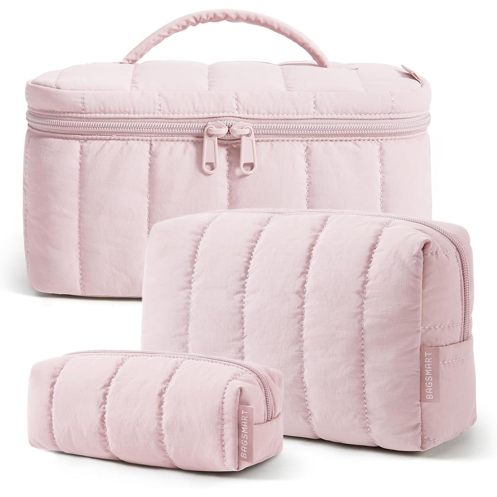 imageBAGSMART Travel Makeup Bag for Women 3 Pcs Puffy Padded Cosmetic Organizer Bag Large Toiletry Case and Small Purse Pouch for Gym Work Girls Baby Blue03Light Blush