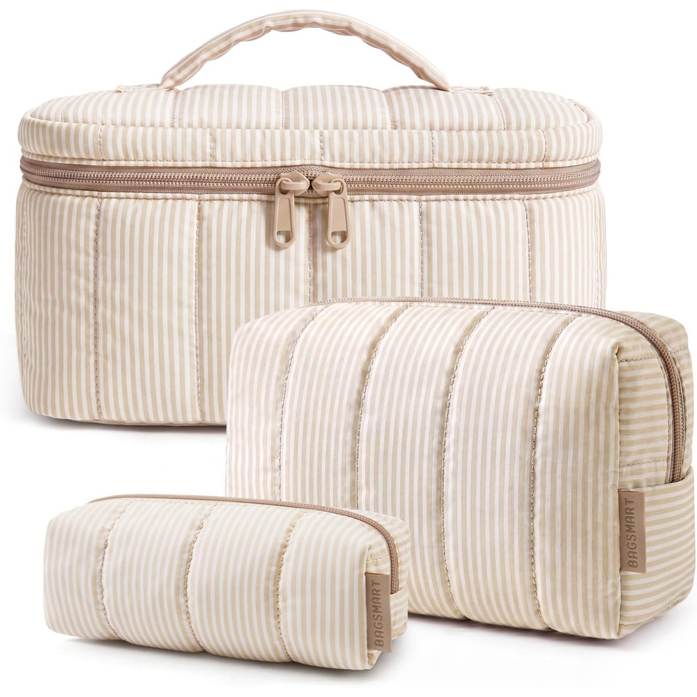 imageBAGSMART Travel Makeup Bag for Women 3 Pcs Puffy Padded Cosmetic Organizer Bag Large Toiletry Case and Small Purse Pouch for Gym Work Girls Baby Blue06Khaki Stripe