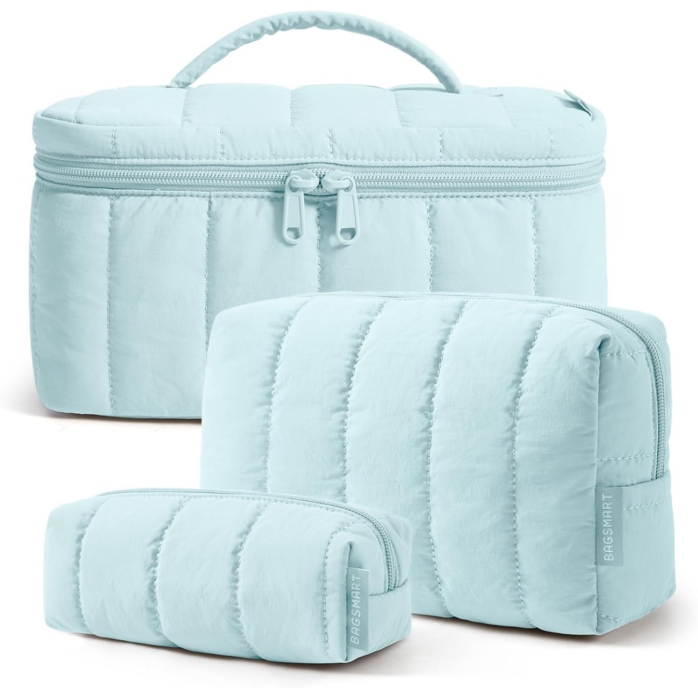imageBAGSMART Travel Makeup Bag for Women 3 Pcs Puffy Padded Cosmetic Organizer Bag Large Toiletry Case and Small Purse Pouch for Gym Work Girls Baby Blue06Glacier Blue