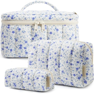 BAGSMART Travel Makeup Bag for Women, 3 Pcs Puffy Padded Cosmetic Organizer Bag, Large Toiletry Case and Small Purse Pouch for Gym, Work, Girls (Baby Blue)(06-Blue Ditsy Floral)