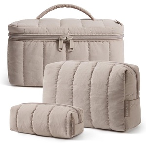 BAGSMART Travel Makeup Bag for Women, 3 Pcs Puffy Padded Cosmetic Organizer Bag, Large Toiletry Case and Small Purse Pouch for Gym, Work, Girls (Baby Blue)(02-Camel)