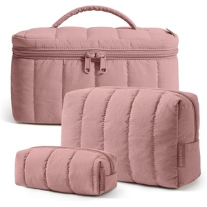 BAGSMART Travel Makeup Bag for Women, 3 Pcs Puffy Padded Cosmetic Organizer Bag, Large Toiletry Case and Small Purse Pouch for Gym, Work, Girls (Baby Blue)(05-Dusty Rose)