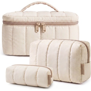 BAGSMART Travel Makeup Bag for Women, 3 Pcs Puffy Padded Cosmetic Organizer Bag, Large Toiletry Case and Small Purse Pouch for Gym, Work, Girls (Baby Blue)(06-Khaki Stripe)