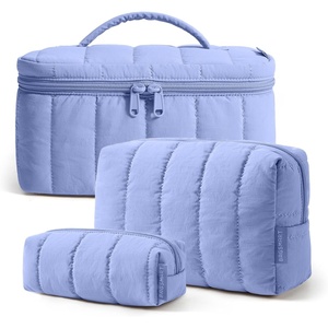 BAGSMART Travel Makeup Bag for Women, 3 Pcs Puffy Padded Cosmetic Organizer Bag, Large Toiletry Case and Small Purse Pouch for Gym, Work, Girls (Baby Blue)(05-Lavender)