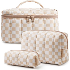 BAGSMART Travel Makeup Bag for Women, 3 Pcs Puffy Padded Cosmetic Organizer Bag, Large Toiletry Case and Small Purse Pouch for Gym, Work, Girls (Baby Blue)(06-Cream & White Check​)
