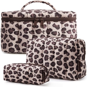 BAGSMART Travel Makeup Bag for Women, 3 Pcs Puffy Padded Cosmetic Organizer Bag, Large Toiletry Case and Small Purse Pouch for Gym, Work, Girls (Baby Blue)(04-Leopard Print)