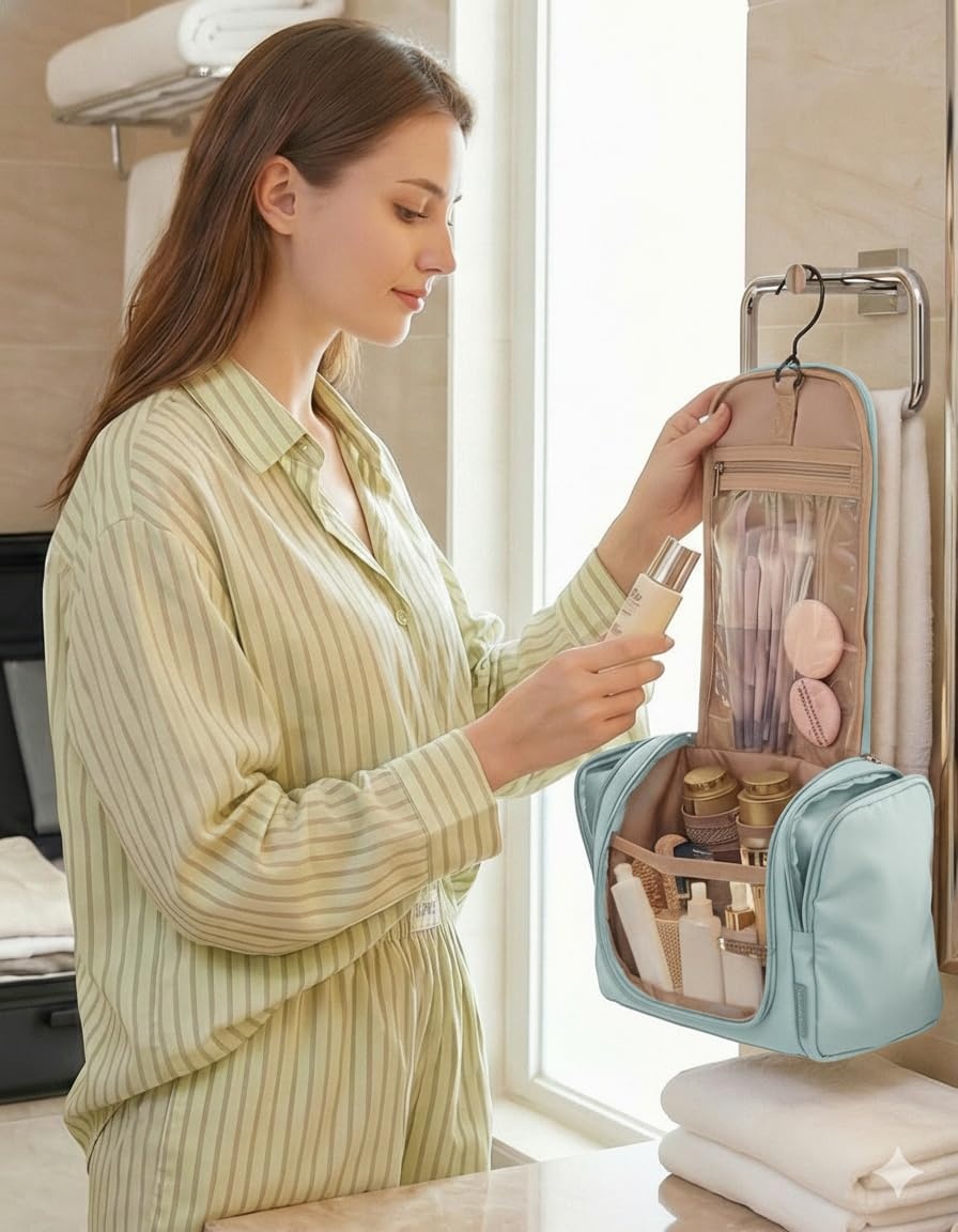 image:imageBAGSMART Travel Toiletry Bag for Women Puffy Hanging Toiletry Bag with Hook Waterresistant Toiletry Organizer for Full Sized Toiletries Olive greenBaby Blue