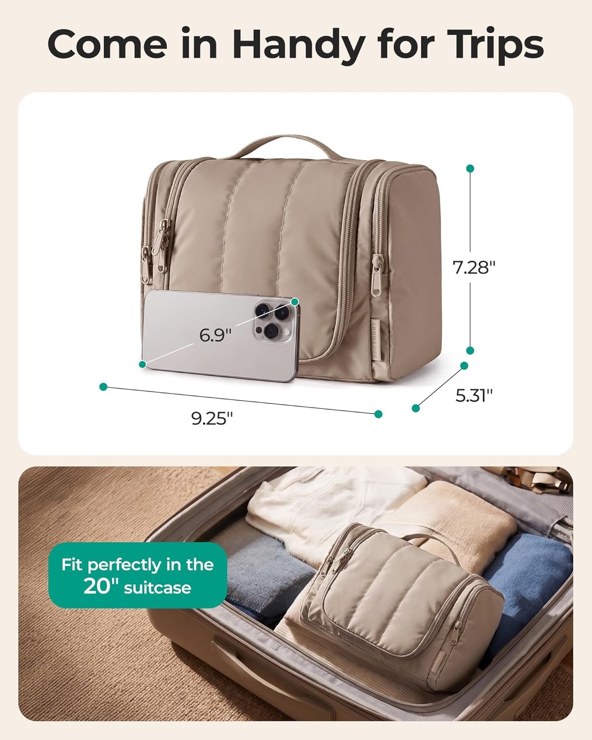 image:imageBAGSMART Travel Toiletry Bag for Women Puffy Hanging Toiletry Bag with Hook Waterresistant Toiletry Organizer for Full Sized Toiletries Olive greenBaby Blue
