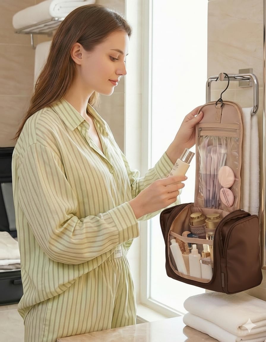 image:imageBAGSMART Travel Toiletry Bag for Women Puffy Hanging Toiletry Bag with Hook Waterresistant Toiletry Organizer for Full Sized Toiletries Olive greenCoffee Brown