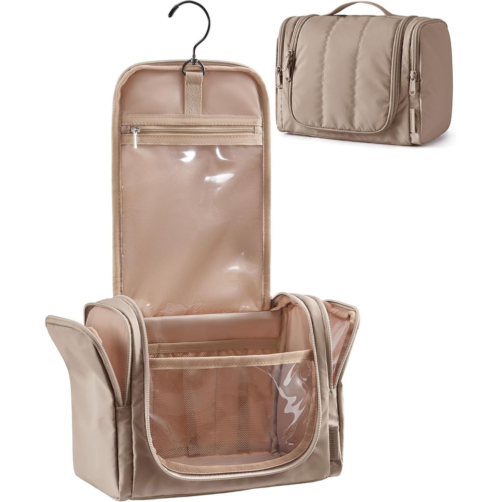 image:imageBAGSMART Travel Toiletry Bag for Women Puffy Hanging Toiletry Bag with Hook Waterresistant Toiletry Organizer for Full Sized Toiletries Olive greenCamel