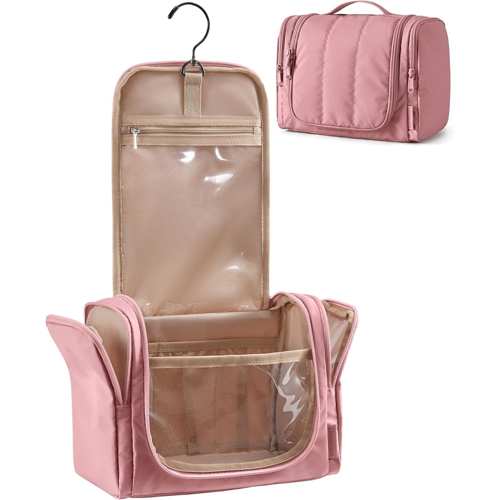 image:imageBAGSMART Travel Toiletry Bag for Women Puffy Hanging Toiletry Bag with Hook Waterresistant Toiletry Organizer for Full Sized Toiletries Olive greenDusty Rose