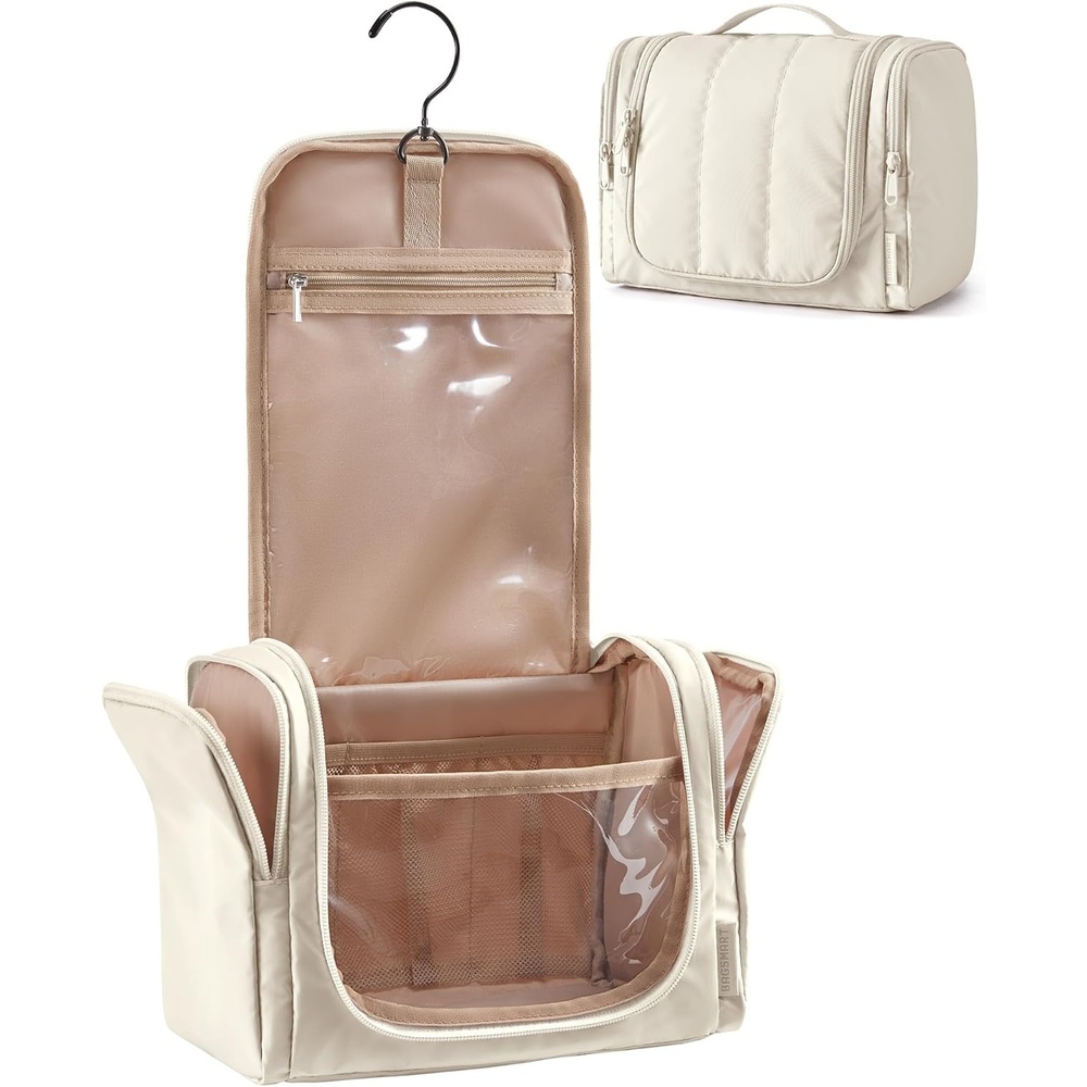 image:imageBAGSMART Travel Toiletry Bag for Women Puffy Hanging Toiletry Bag with Hook Waterresistant Toiletry Organizer for Full Sized Toiletries Olive greenLight Beige