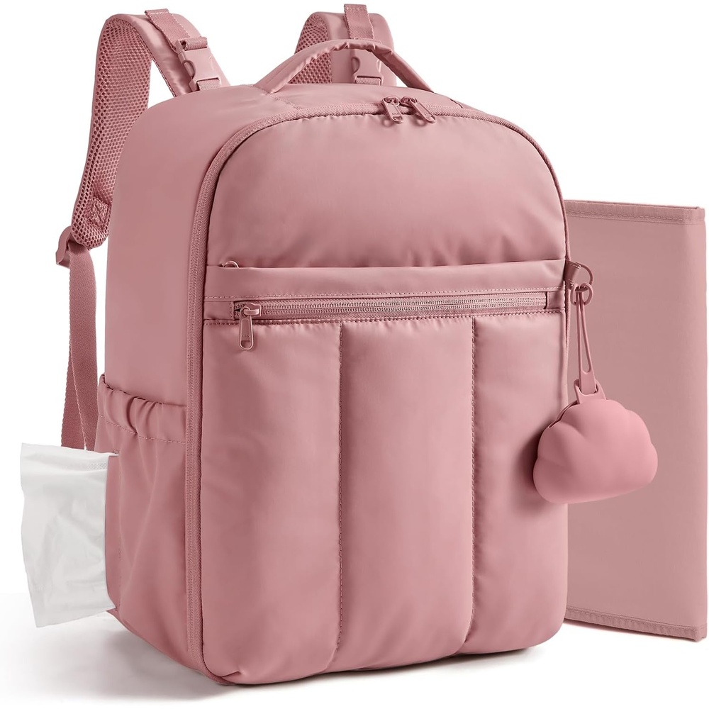 image:imageBAGSMART Baby Diaper Bag Backpack Lightweight Puffy Diaper Bag with Insulated Pocketsamp Pacifier Case Travel Stroller Straps with Waterproof Changing Pad BlackDark Pink