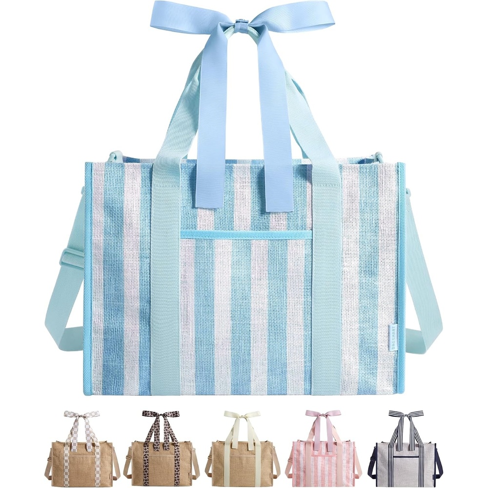 image:imageBAGSMART Custom DIY Beach Tote Bag for Women wMarkers Personalized Gift Large Beach Tote Secure Top Zipper Waterproof Coated Heavy Duty Carryall AllinOne DIY Kit HandsFree CrossbodySea Blue Stripes