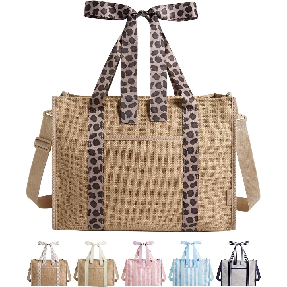 image:imageBAGSMART Custom DIY Beach Tote Bag for Women wMarkers Personalized Gift Large Beach Tote Secure Top Zipper Waterproof Coated Heavy Duty Carryall AllinOne DIY Kit HandsFree CrossbodyKhaki Brown Leopard Print
