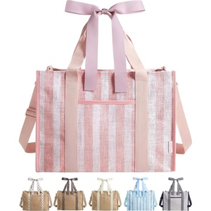 BAGSMART Custom DIY Beach Tote Bag for Women w/Markers, Personalized Gift | Large Beach Tote, Secure Top Zipper, Waterproof Coated, Heavy Duty Carryall, All-in-One DIY Kit, Hands-Free Crossbody,(Cherry Blossom Pink Stripes)