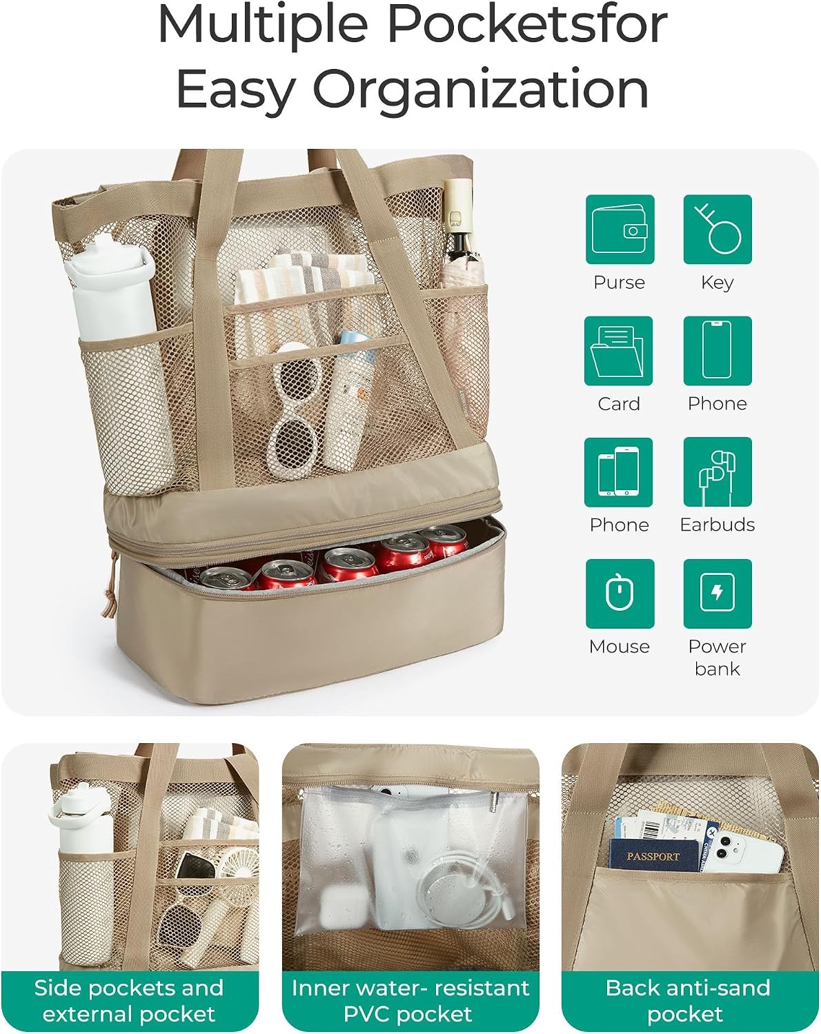 image:imageBAGSMART Beach Bag for Women Mesh Tote Bags with Zipper Sandproof Vacation Essentials with Cooler for Swim Cruise PoolBlue