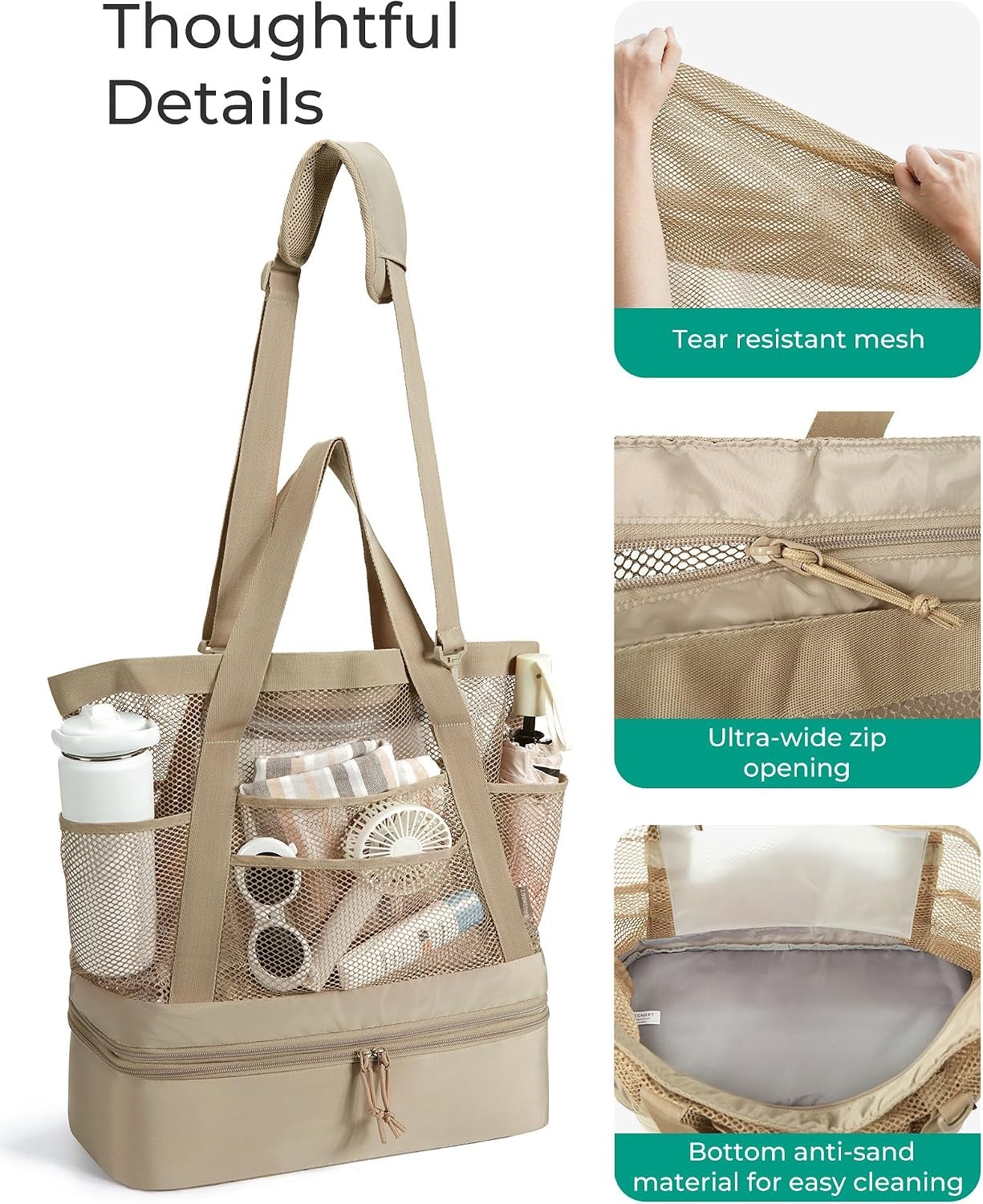 image:imageBAGSMART Beach Bag for Women Mesh Tote Bags with Zipper Sandproof Vacation Essentials with Cooler for Swim Cruise PoolBlue