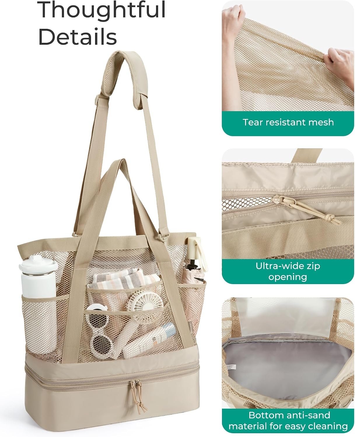 image:imageBAGSMART Beach Bag for Women Mesh Tote Bags with Zipper Sandproof Vacation Essentials with Cooler for Swim Cruise PoolDark Blue