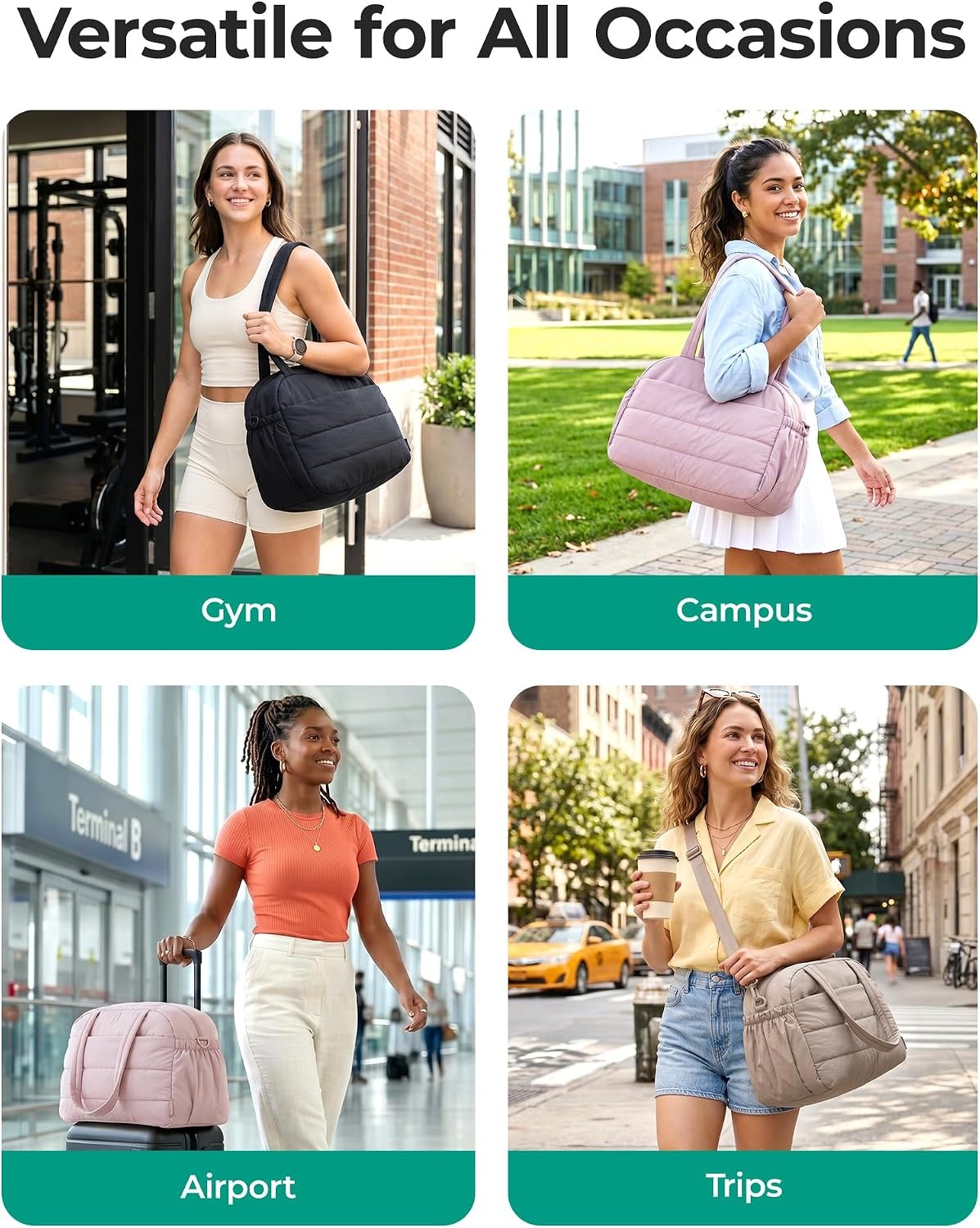 image:imageBAGSMART Gym Bag for Women Lightweight Personal Item Travel Bag Puffer Duffle Bag 2PC Travel Bag Quilted Carry On Weekender Overnight Bag Puffy Duffel Bag for Travel Water ResistantBrownBrown