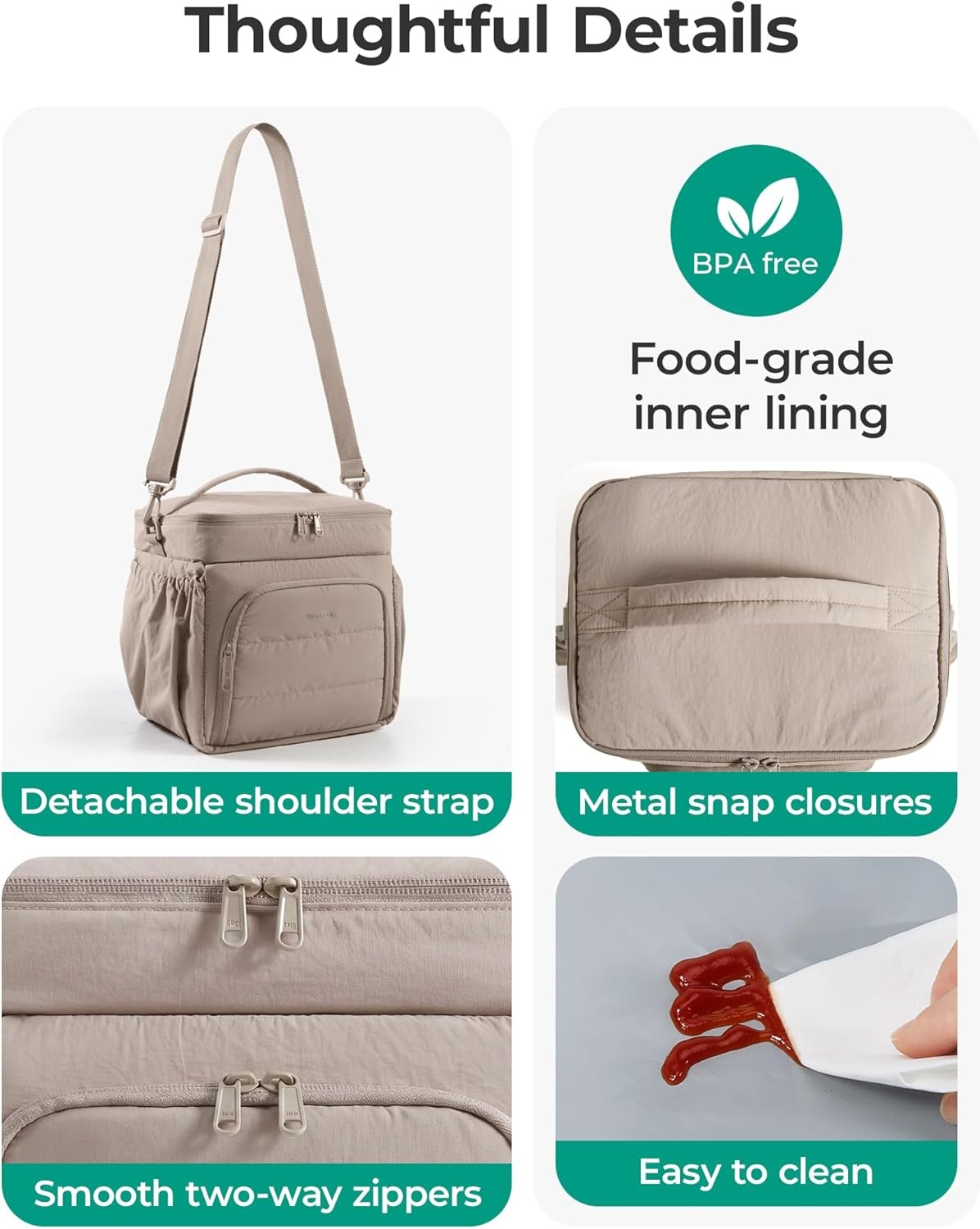 image:imageBAGSMART Puffy Insulated Lunch Bag Lightweight Large 14L Double Deck Lunch Box for Women Soft Cooler Tote for Office Work Travel Camping with Stretch Side Pockets Fits 40 oz Bottle PinkCamel