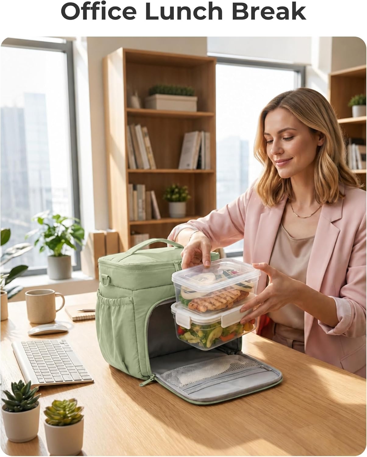image:imageBAGSMART Puffy Insulated Lunch Bag Lightweight Large 14L Double Deck Lunch Box for Women Soft Cooler Tote for Office Work Travel Camping with Stretch Side Pockets Fits 40 oz Bottle PinkSage Green