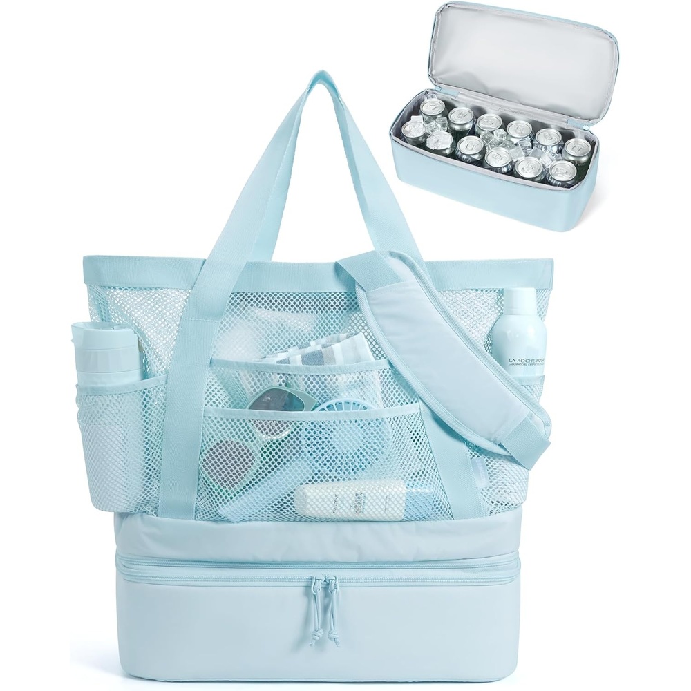 image:imageBAGSMART Beach Bag for Women Mesh Tote Bags with Zipper Sandproof Vacation Essentials with Cooler for Swim Cruise PoolBlue