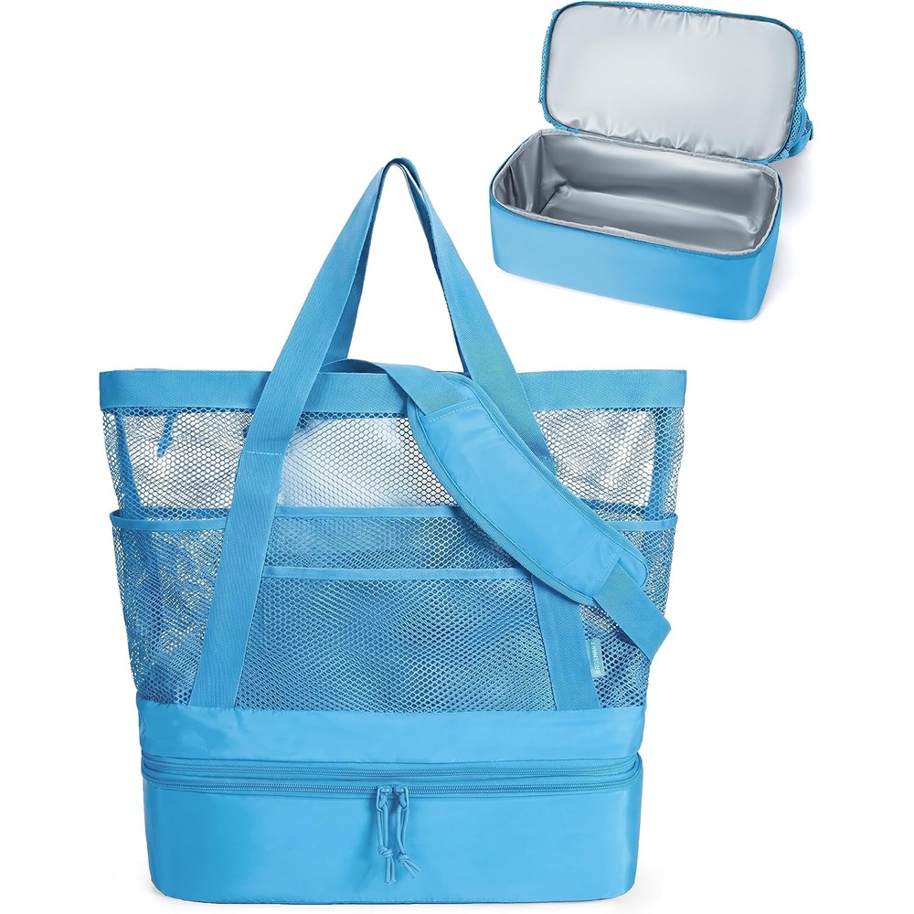 image:imageBAGSMART Beach Bag for Women Mesh Tote Bags with Zipper Sandproof Vacation Essentials with Cooler for Swim Cruise PoolDark Blue