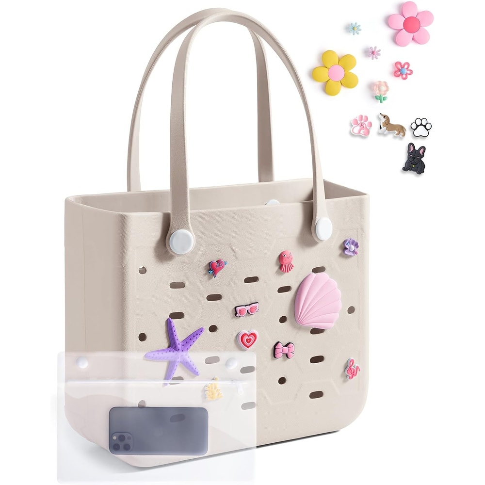 image:imageBAGSMART Beach Bag for Women Waterresistant Rubber Tote Bag Sandproof Vacation Essentials for Summer Swim Cruise PoolAlmond Birch