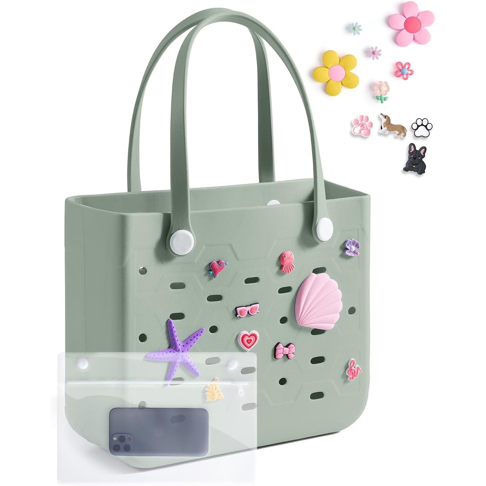 image:imageBAGSMART Beach Bag for Women Waterresistant Rubber Tote Bag Sandproof Vacation Essentials for Summer Swim Cruise PoolSea Glass Sage