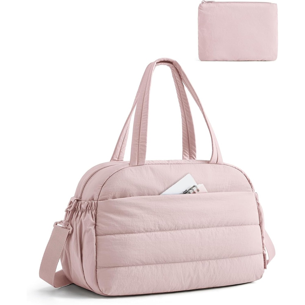 image:imageBAGSMART Gym Bag for Women Lightweight Personal Item Travel Bag Puffer Duffle Bag 2PC Travel Bag Quilted Carry On Weekender Overnight Bag Puffy Duffel Bag for Travel Water ResistantBrownBaby Pink