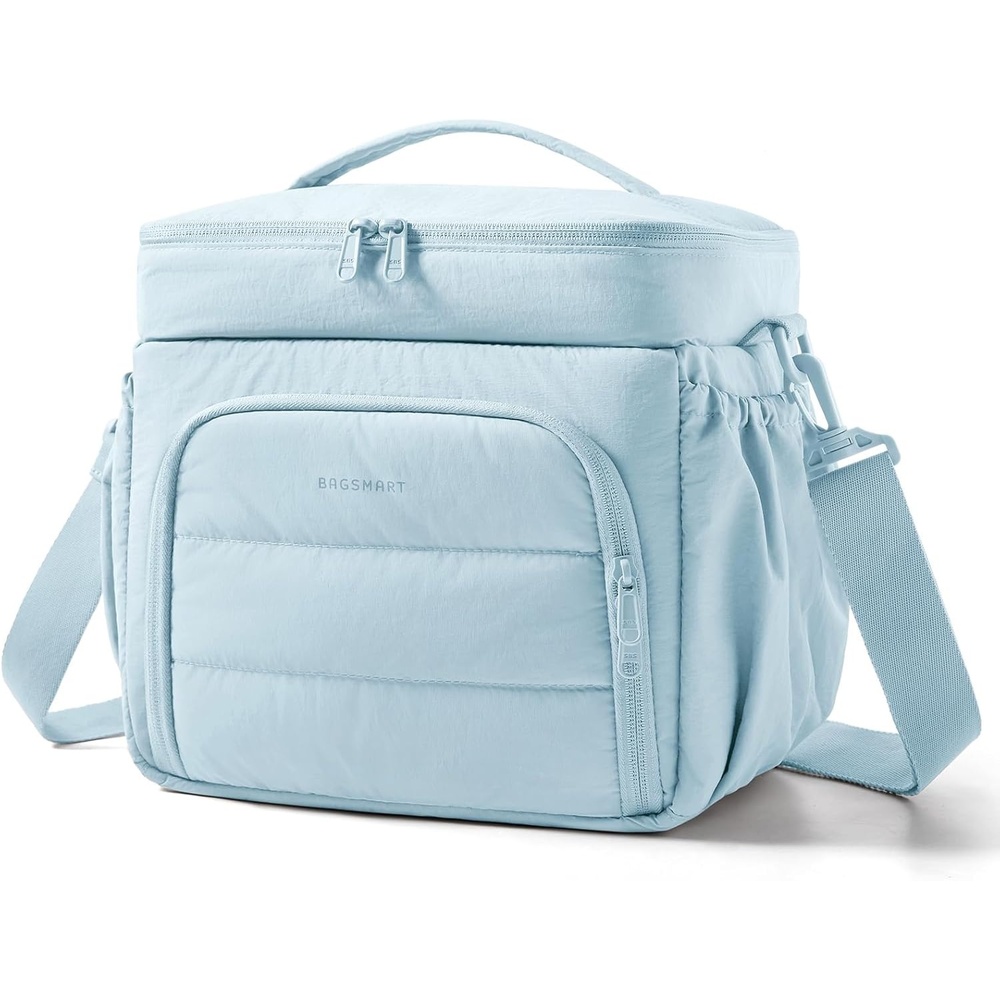 image:imageBAGSMART Puffy Insulated Lunch Bag Lightweight Large 14L Double Deck Lunch Box for Women Soft Cooler Tote for Office Work Travel Camping with Stretch Side Pockets Fits 40 oz Bottle PinkBlue