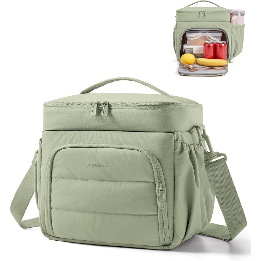 image:imageBAGSMART Puffy Insulated Lunch Bag Lightweight Large 14L Double Deck Lunch Box for Women Soft Cooler Tote for Office Work Travel Camping with Stretch Side Pockets Fits 40 oz Bottle PinkSage Green